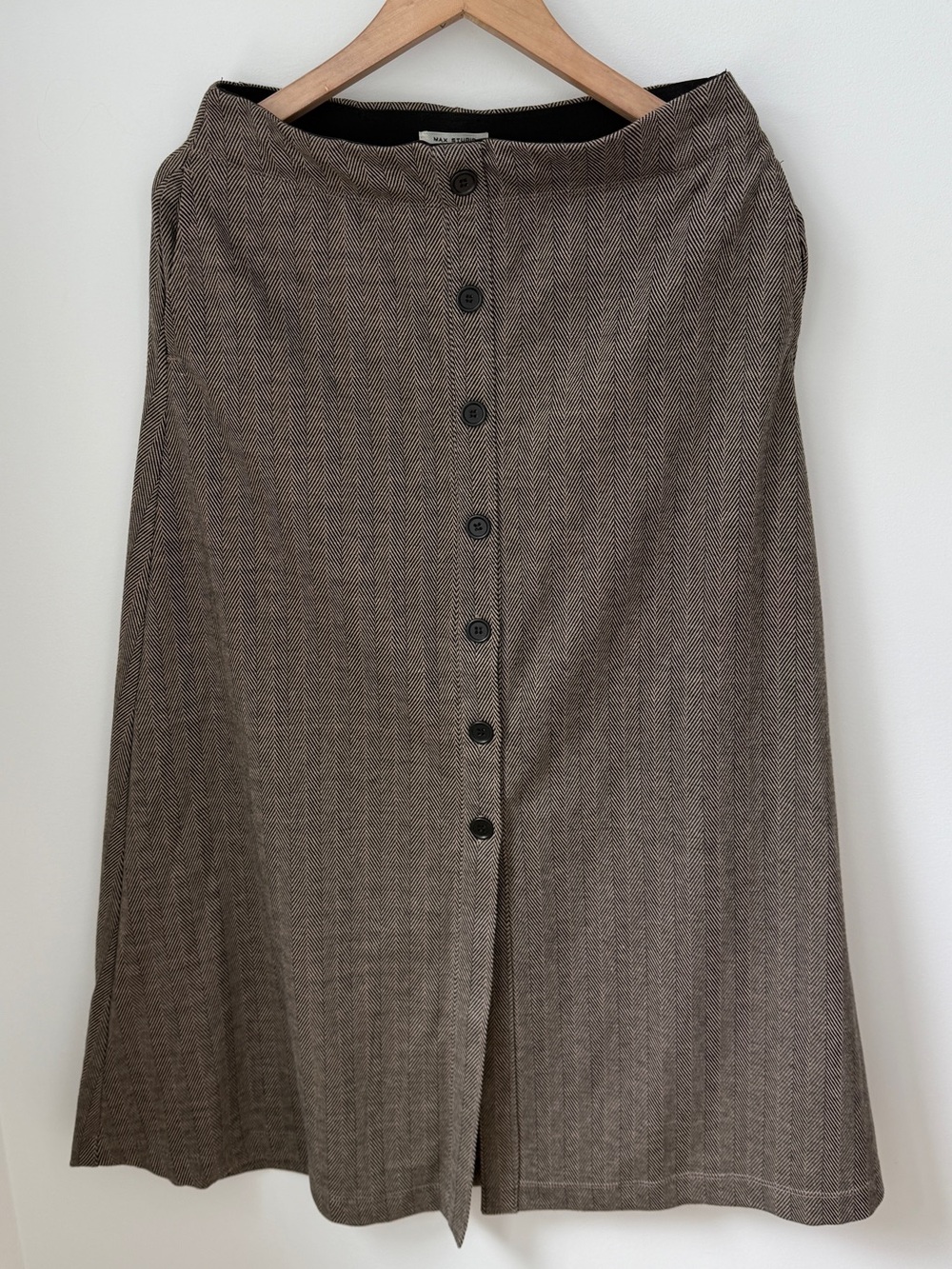 MAX STUDIO LONDON Herringbone Button Front A-Line Midi Skirt Brown Tweed